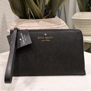 Kate‎ Spade Staci Wristlet Pouch Women OS Black Leather Saffiano Gold Logo Zip